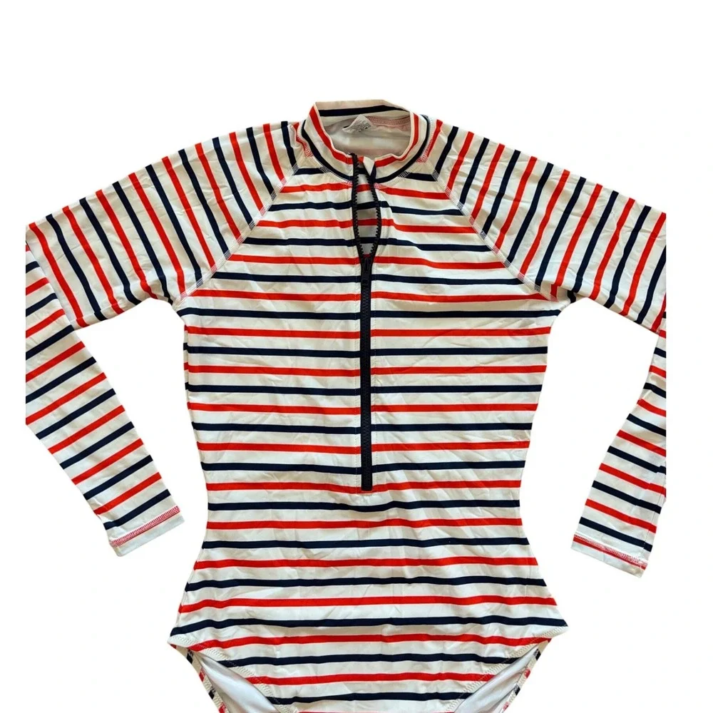 J.Crew Nautical Stripe Long Sleeve Rash Guard One Piece Swimsuit Red Navy size 6